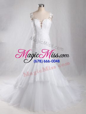 White Mermaid Tulle Straps Sleeveless Lace Clasp Handle Wedding Dress Brush Train