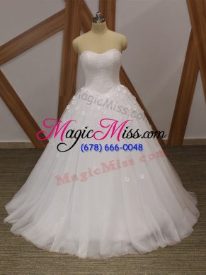 Exceptional Sweetheart Sleeveless Tulle Bridal Gown Beading and Hand Made Flower Lace Up