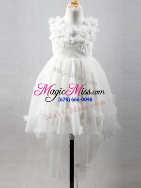 Decent White Sleeveless High Low Appliques Lace Up Flower Girl Dresses