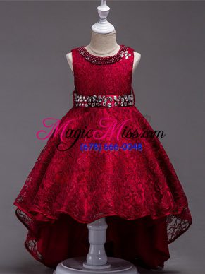 Wine Red Lace Up Flower Girl Dresses for Less Beading Sleeveless High Low