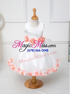 Sleeveless Knee Length Appliques and Hand Made Flower Zipper Toddler Flower Girl Dress with White