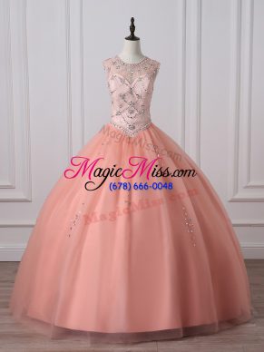 Exceptional Peach Sleeveless Floor Length Beading Zipper Ball Gown Prom Dress
