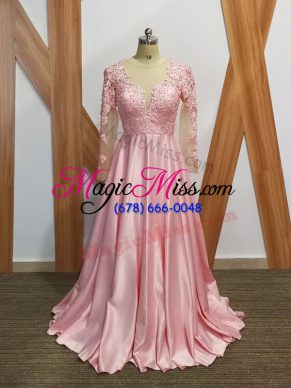 Fashionable Baby Pink Elastic Woven Satin Backless Mother Dresses Long Sleeves Beading and Appliques