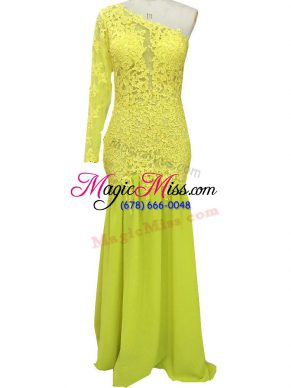 Yellow Column/Sheath Chiffon One Shoulder Long Sleeves Lace and Appliques Side Zipper Mother of Bride Dresses Brush Train