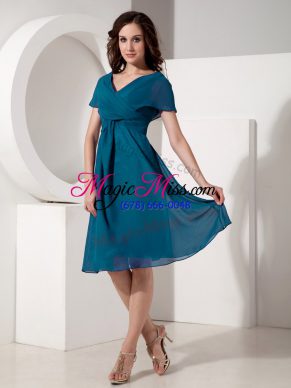 Eye-catching Teal Short Sleeves Chiffon Zipper Mother Dresses for Prom and Party