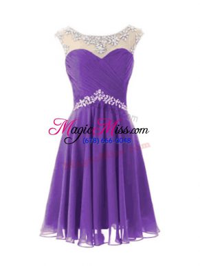 Eggplant Purple Cap Sleeves Beading Knee Length Prom Evening Gown