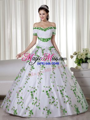 White Organza Lace Up Off The Shoulder Short Sleeves Floor Length Quinceanera Gown Embroidery