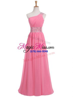 One Shoulder Sleeveless Evening Party Dresses Floor Length Beading and Ruching Rose Pink Chiffon