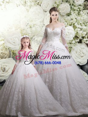 White Ball Gowns Off The Shoulder Half Sleeves Tulle Chapel Train Zipper Lace Sweet 16 Dress
