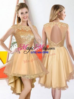 Attractive Champagne A-line Bateau Sleeveless Organza High Low Backless Beading and Lace Bridesmaid Dresses