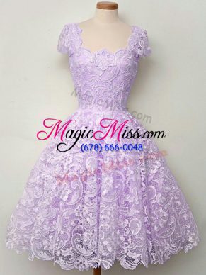 Lavender Lace Up Wedding Party Dress Lace Cap Sleeves Knee Length
