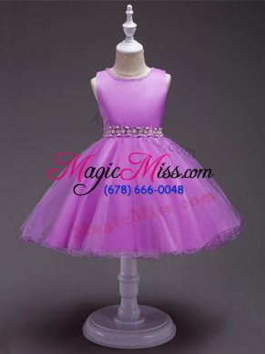Elegant Lilac Ball Gowns Scoop Sleeveless Organza Knee Length Zipper Beading Flower Girl Dresses for Less