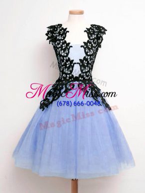 A-line Wedding Party Dress Light Blue Straps Tulle Sleeveless Knee Length Lace Up