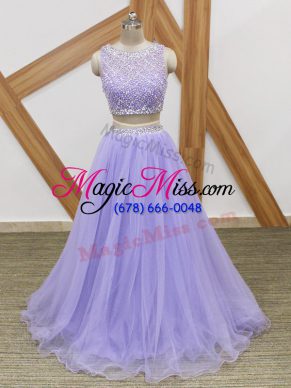 Admirable Sleeveless Tulle Floor Length Side Zipper Prom Party Dress in Lavender with Beading