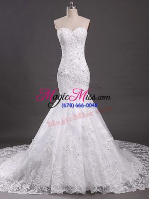 White Sleeveless Tulle Court Train Lace Up Bridal Gown for Wedding Party