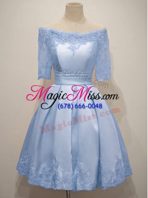 New Arrival Light Blue Half Sleeves Taffeta Lace Up Bridesmaids Dress for Prom and Party and Wedding Party
