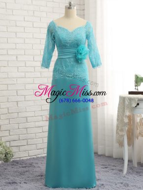 Aqua Blue Sweetheart Zipper Lace and Appliques and Ruching and Hand Made Flower Mother Of The Bride Dress Long Sleeves
