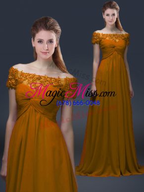Top Selling Short Sleeves Chiffon Floor Length Lace Up Mother Of The Bride Dress in Brown with Appliques