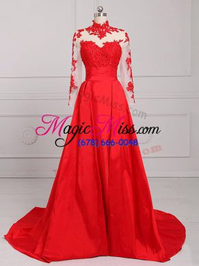 Affordable Lace and Appliques Formal Evening Gowns Red Backless Long Sleeves Brush Train