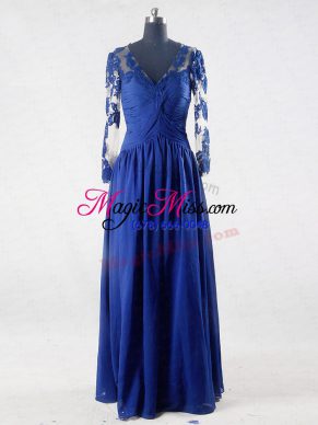 Clearance Blue V-neck Zipper Lace and Appliques Mother of Groom Dress Long Sleeves