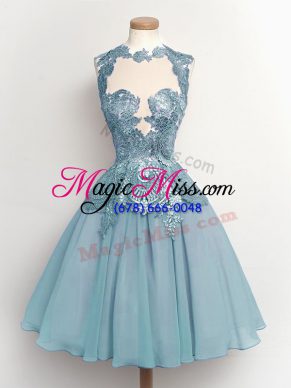 Light Blue Lace Up High-neck Lace Bridesmaids Dress Chiffon Sleeveless