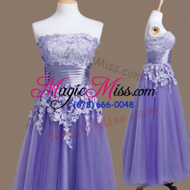Customized Lavender Sleeveless Tea Length Appliques Lace Up Quinceanera Court Dresses