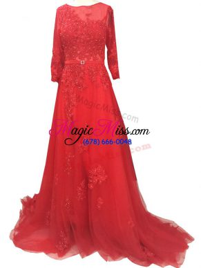 Super Red Bateau Neckline Lace and Appliques and Belt Prom Dress Long Sleeves Zipper