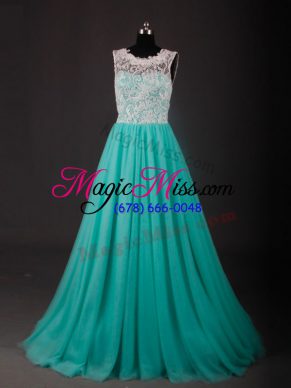 Exquisite Scoop Sleeveless Sweep Train Zipper Prom Party Dress Turquoise Chiffon