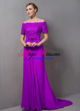 Purple Short Sleeves Chiffon Sweep Train Zipper Mother of Bride Dresses for Prom and Party