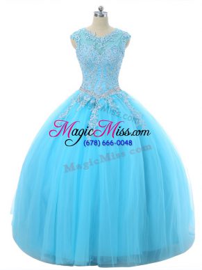 High Class Aqua Blue Ball Gown Prom Dress Sweet 16 and Quinceanera with Appliques Scoop Sleeveless Lace Up