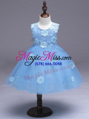 Classical Light Blue Ball Gowns Tulle Scoop Sleeveless Appliques and Bowknot Knee Length Zipper Girls Pageant Dresses