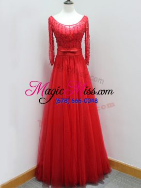 A-line Long Sleeves Red Evening Party Dresses Brush Train Backless