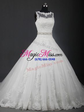 Scoop Sleeveless Brush Train Lace Up Wedding Gown White Tulle