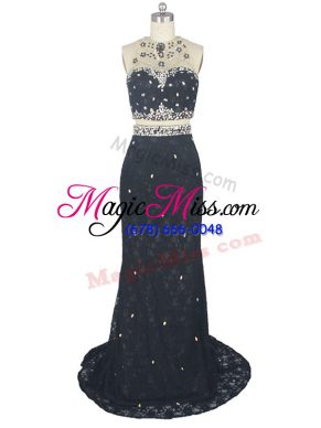 Black Column/Sheath High-neck Sleeveless Lace Brush Train Zipper Beading and Lace Evening Dress