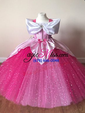 Attractive Ball Gowns Child Pageant Dress Fuchsia Off The Shoulder Tulle Short Sleeves Floor Length Zipper