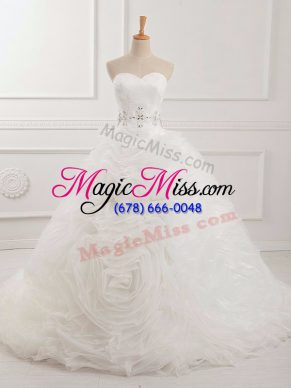 Ideal White Sleeveless Organza Brush Train Lace Up Bridal Gown for Beach and Wedding Party