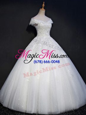 White Off The Shoulder Lace Up Beading Wedding Dresses Sleeveless