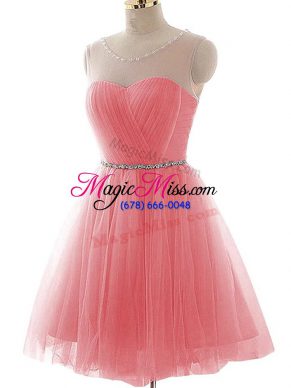 On Sale Watermelon Red A-line Scoop Sleeveless Tulle Mini Length Lace Up Ruching Prom Dresses