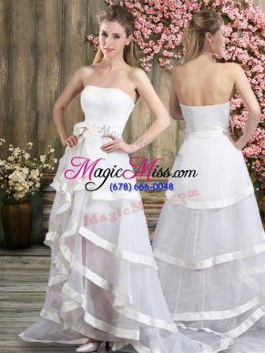 Customized White Off The Shoulder Backless Ruffled Layers and Belt Wedding Gowns Sweep Train Sleeveless