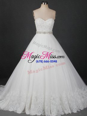 White Lace Up Wedding Dresses Beading and Lace Sleeveless Brush Train