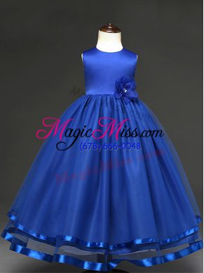 Latest Royal Blue Toddler Flower Girl Dress Wedding Party with Hand Made Flower Scoop Sleeveless Zipper