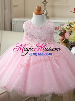 Pretty Tulle Sleeveless Knee Length Little Girls Pageant Gowns and Appliques and Bowknot