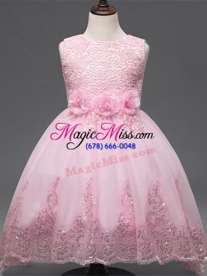 Scoop Sleeveless Pageant Gowns For Girls High Low Lace and Appliques and Bowknot and Hand Made Flower Baby Pink Tulle