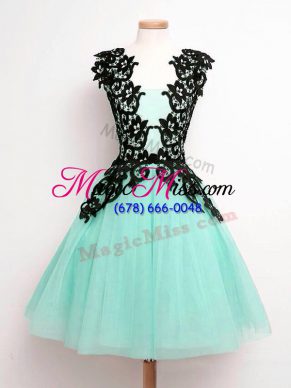 Turquoise A-line Tulle Straps Sleeveless Lace Knee Length Lace Up Bridesmaid Gown