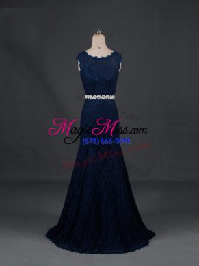 Stunning Navy Blue Lace Backless Mother Of The Bride Dress Sleeveless Floor Length Beading