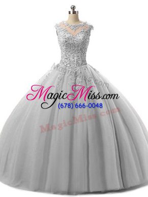 Stylish Floor Length Lace Up 15 Quinceanera Dress Grey for Military Ball and Sweet 16 and Quinceanera with Beading and Lace