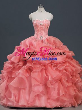 Watermelon Red Ball Gowns Beading and Ruffles and Pick Ups 15th Birthday Dress Lace Up Organza Sleeveless Floor Length