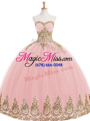 Baby Pink Tulle Lace Up Quinceanera Dress Sleeveless Floor Length Appliques