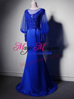Scoop Long Sleeves Mother Of The Bride Dress Brush Train Beading and Lace and Appliques Royal Blue Elastic Woven Satin