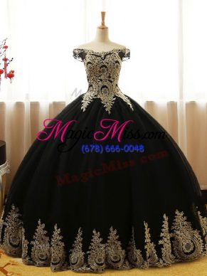 Designer Black Ball Gowns Off The Shoulder Sleeveless Tulle Floor Length Lace Up Appliques Sweet 16 Dress